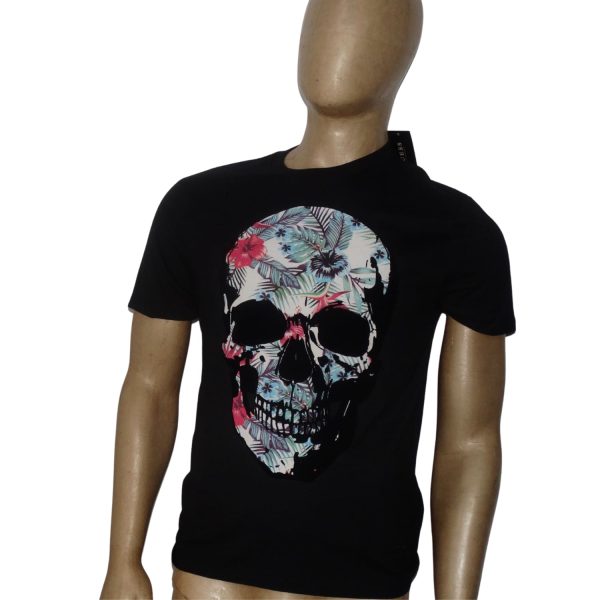 Polera Cuello Redondo Negra Logo Calabera Gamuza Multicolor