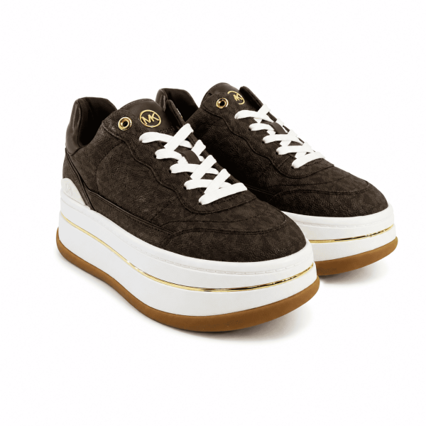 Zapatilla Doble Plataforma Café Con Detalles Dorados