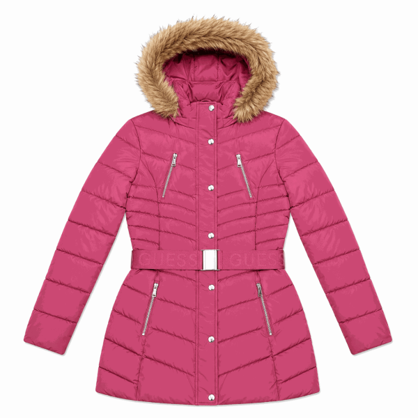 Chaqueta Rosa Larga Ajustable Con Capucha Y Detalle De Piel Sintética