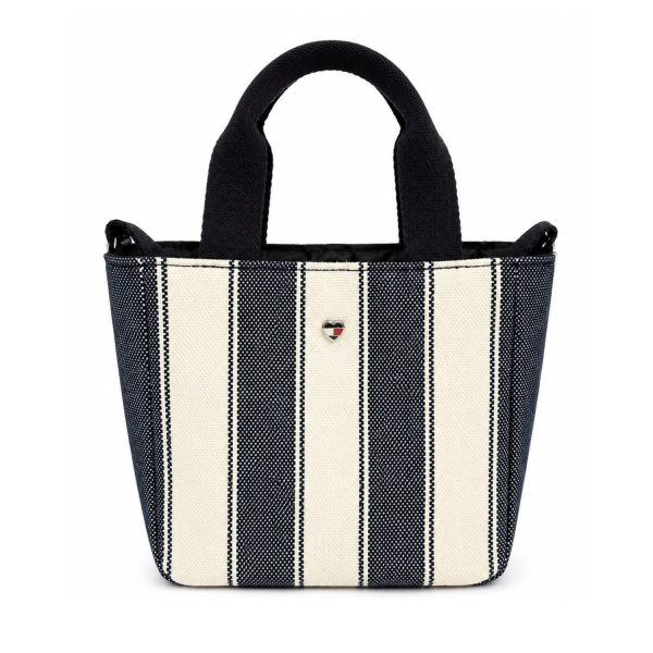 Mini Tote Bag De Rayas Azul Marino y Crema