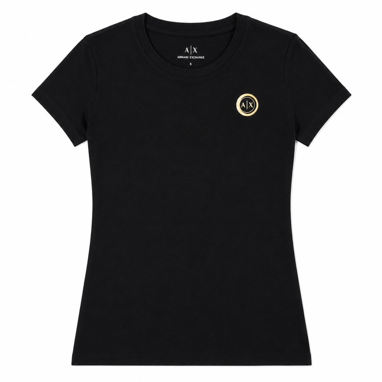 Polera AX negra con logo circulo peq. dorado Polera Negra Con Logo En El Pecho Dorado - Imagen 1