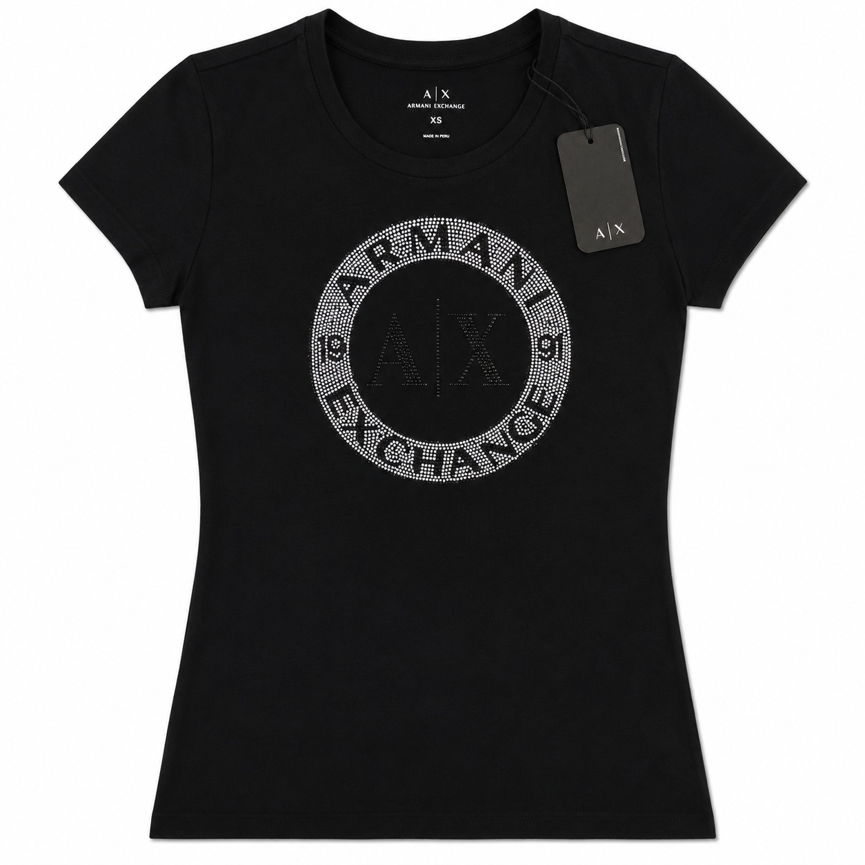 Polera Armani Exchange Polera Negra Con Logotipo De Brillos Plateados Y Negros - Imagen 1