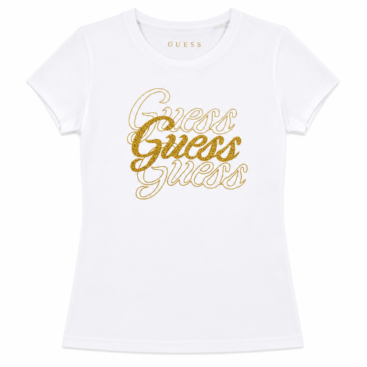 Polera Blanca Guess con logo dorado en el centro Polera Blanca Con Logo Escrito En Dorado - Imagen 1