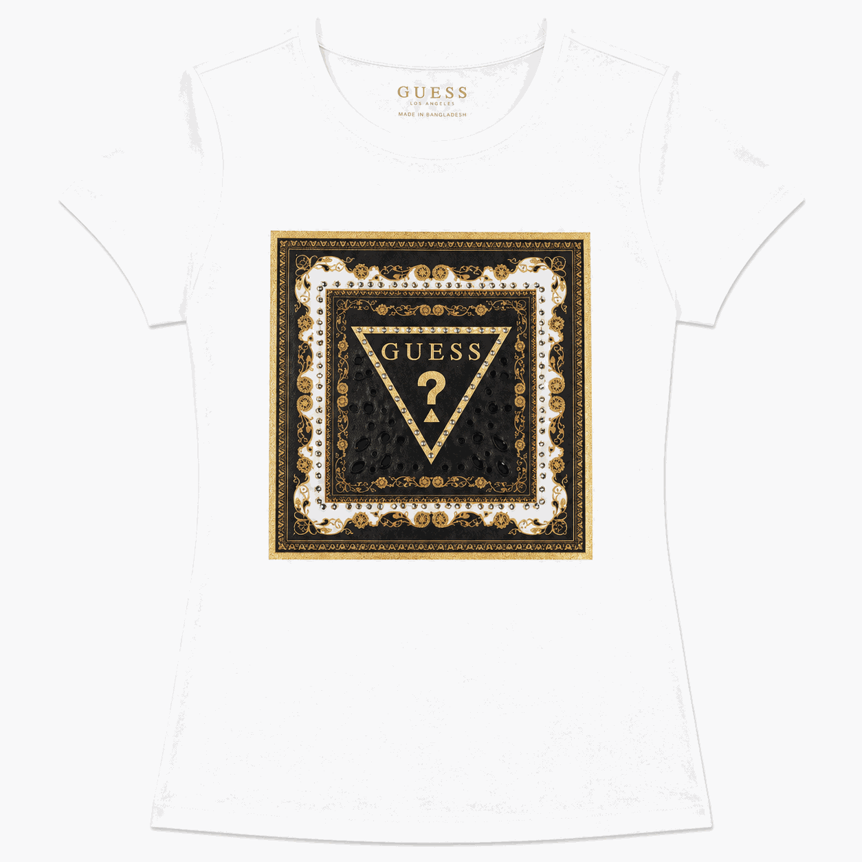 Polera Guess Blanca Polera Blanca Con Logo Tipo Pañuelo Con Brillos - Imagen 1