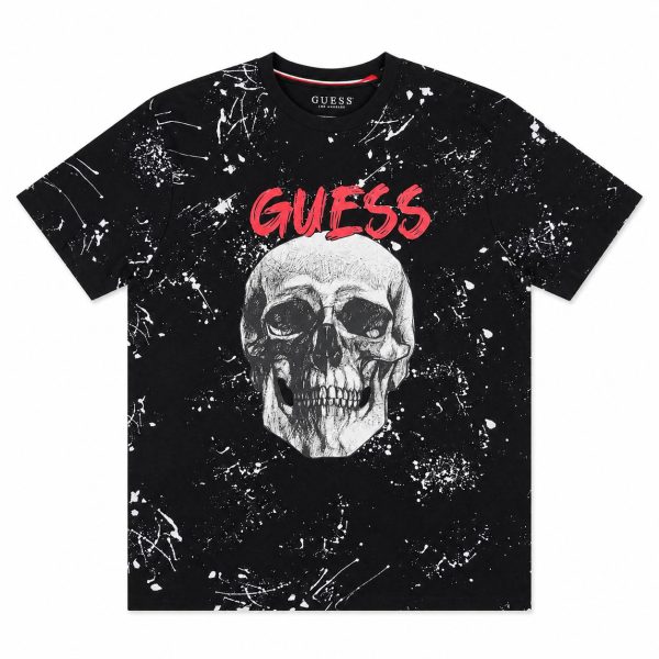 Polera Negra - Blanca Con Estampado Frontal De Calavera Y Logo Rojo
