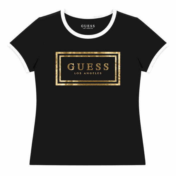 Polera Negra Con Detalles Blancos Y Estampado Dorado