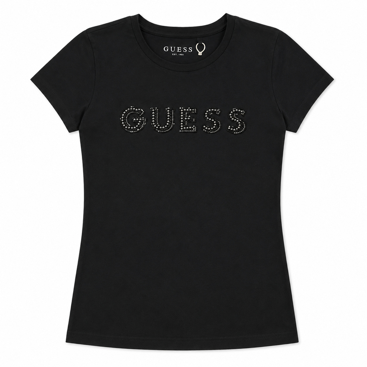 Polera Guess Negra Polera Negra Con Logo En Pedrería - Imagen 1