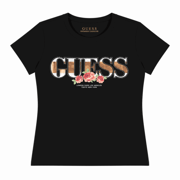 Polera Negra Con Brillos Y Flores