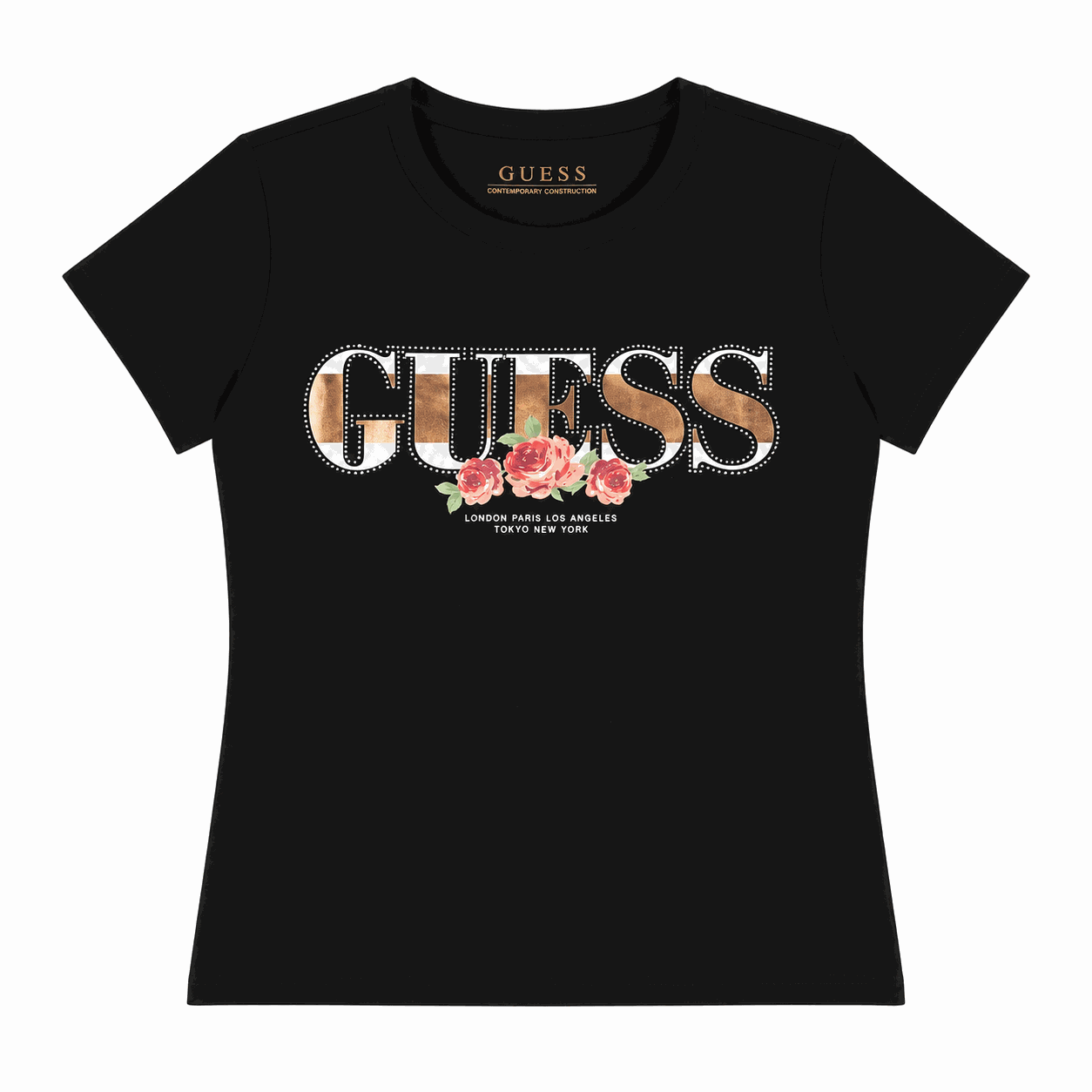 Polera Guess Negra Polera Negra Con Brillos Y Flores - Imagen 1