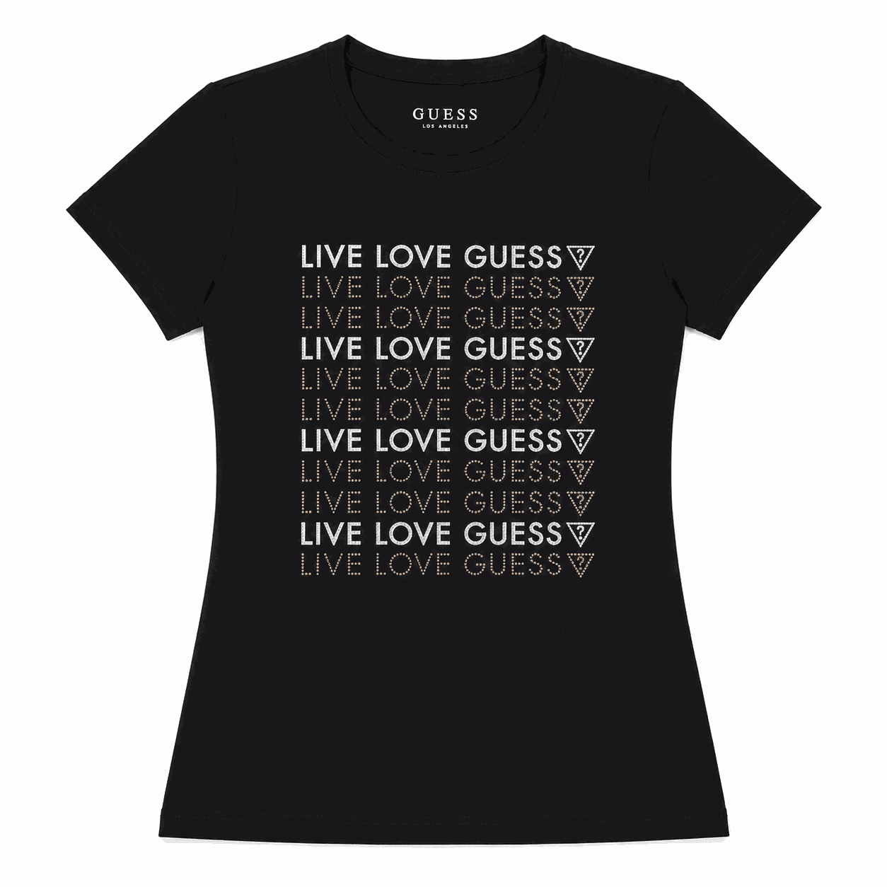 Polera Guess Negra Multilogo Polera Negra Live Love Con Brillos - Imagen 1