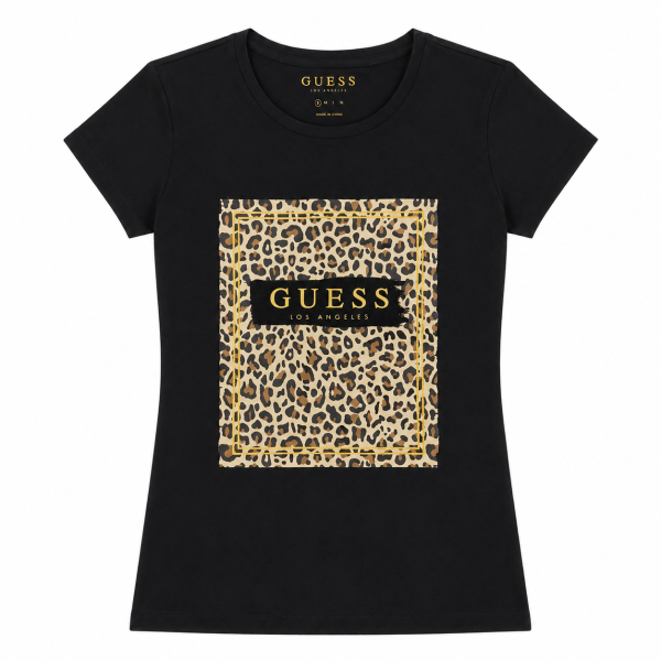 Polera Negra Con Logo Cuadro En Animal Print