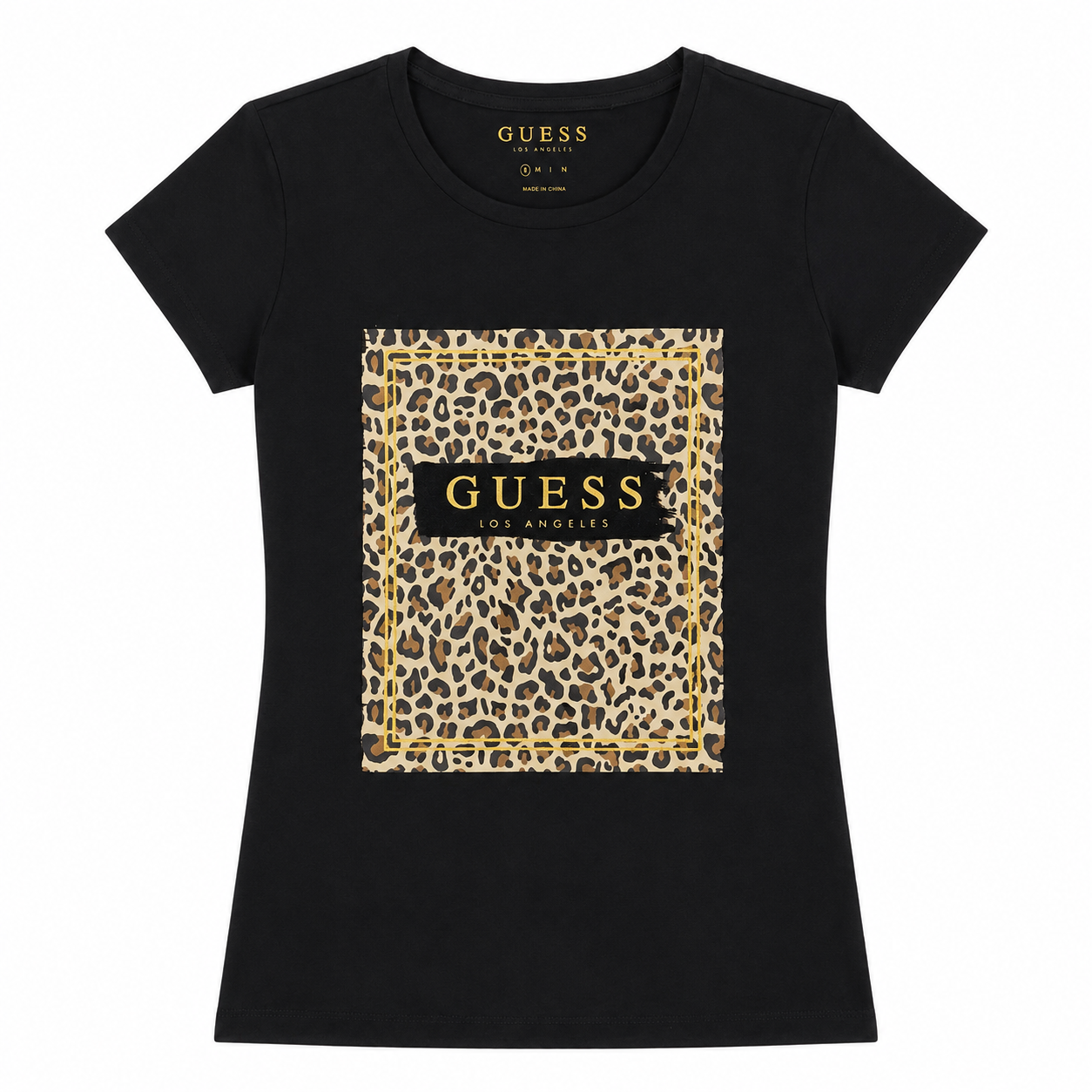 Polera Guess Negra con logo animal print Polera Negra Con Logo Cuadro En Animal Print - Imagen 1