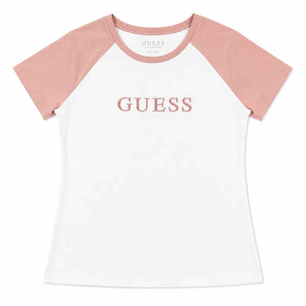 Polera Blanca Con Logo Rosado Y Mangas Rosadas
