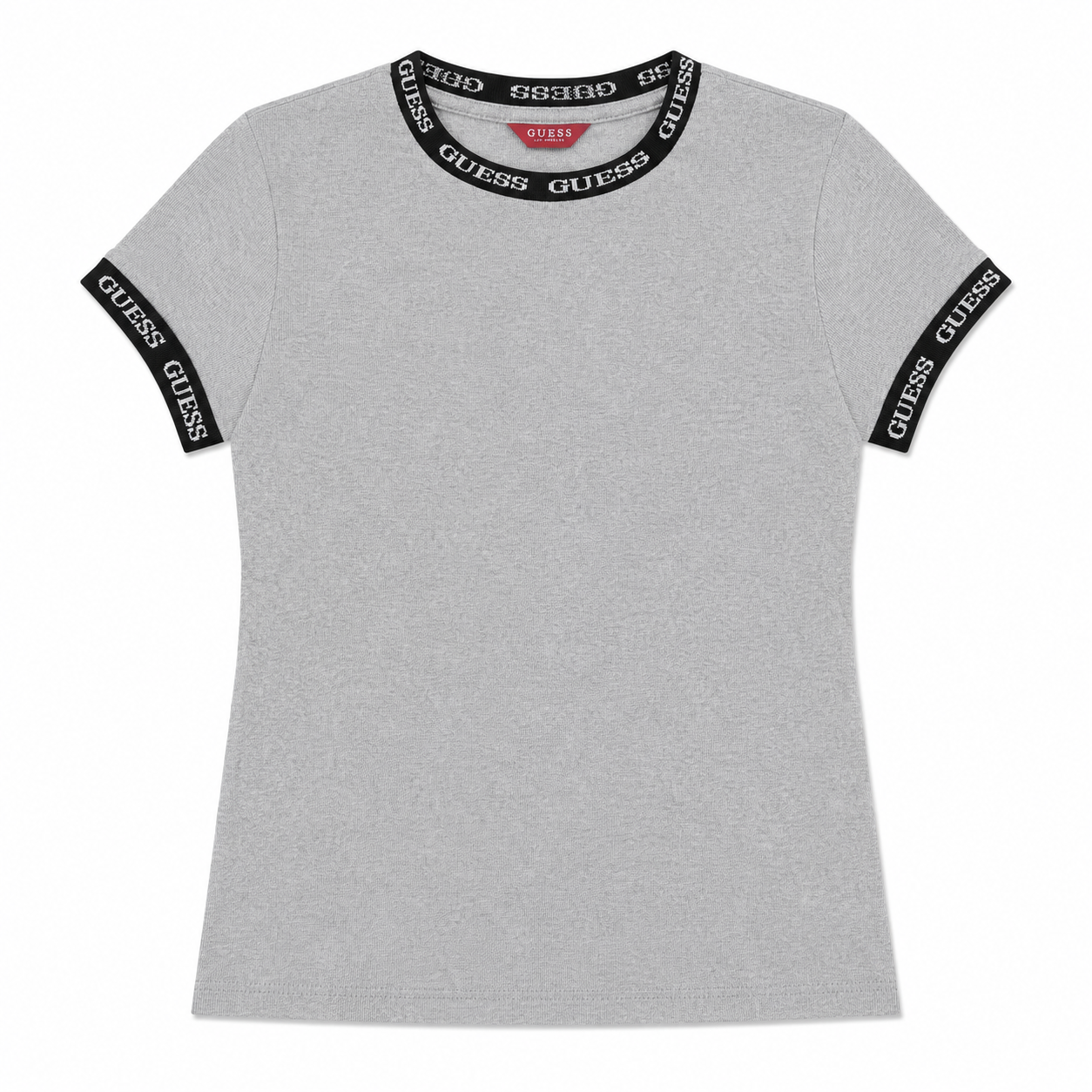 Polera Guess gris con logo en pretinas Polera Gris Con Logo Negro En Cuello Y Mangas - Imagen 1
