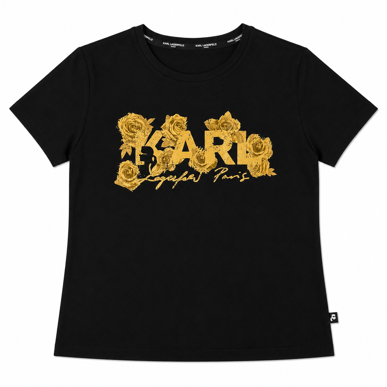 Polera KL negra con logo dorado de rosas Polera Negra Con Logo De Rosas Doradas - Imagen 1