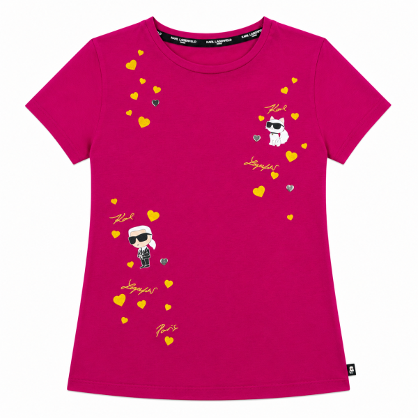 Polera Rosada Con Multilogos Y Corazones Dorados