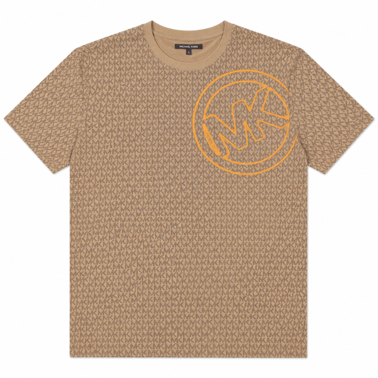 Polera MK marron multilogos y logo naranja Polera Marron Multilogos Con Logo Grande Naranja - Imagen 1
