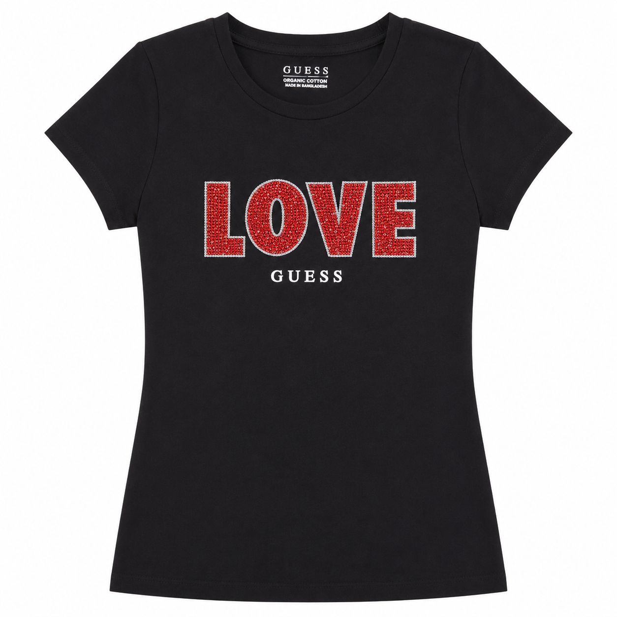 Polera guess Negra con logo love rojo Polera Negra Con Logo Love En el Pecho Con Brillos - Imagen 1