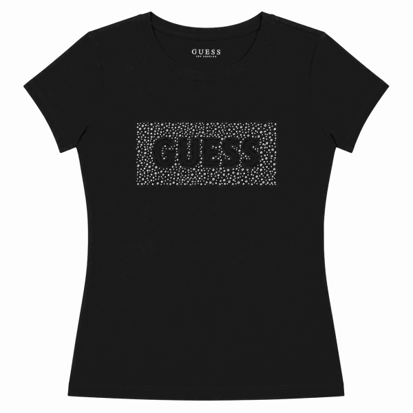 Polera Negra Con Logo En Cuadro Con Brillos Plateados