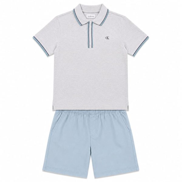 Conjunto Polera Con Cuello Gris Y Short Celeste