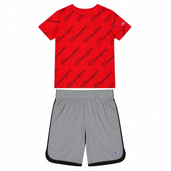 Conjunto Polera Roja Con Monograma Y Short Gris