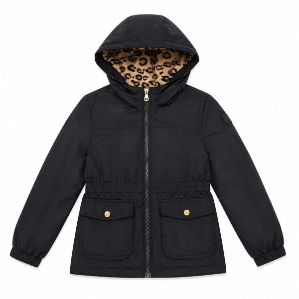 Parka Negra Con Capucha En Animal Print