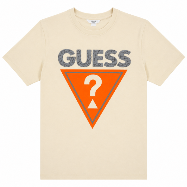 Polera Beige Con Logo En Triangulo De Tono Naranja Y Letras Gris