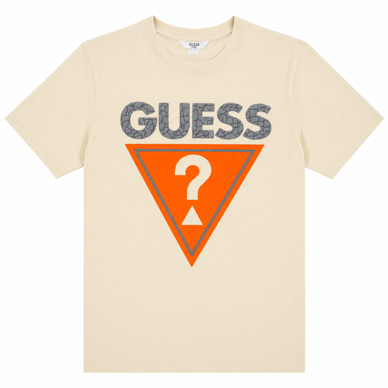 Polera Beige con naranjo GUess Polera Beige Con Logo En Triangulo De Tono Naranja Y Letras Gris - Imagen 1