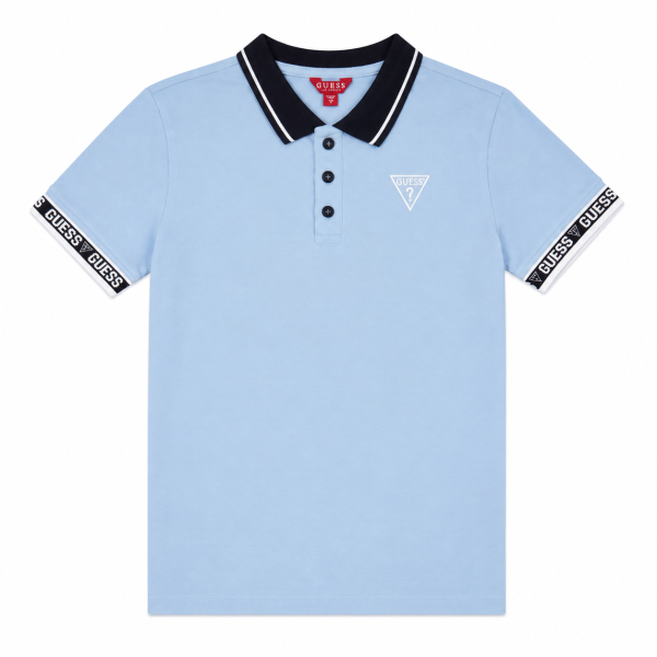 Polera Celeste Cuello Pique Negro Y Logo En Mangas