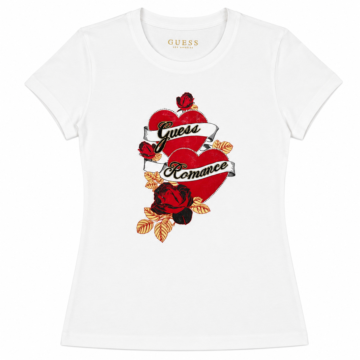 Polera Guess Blanca Polera Blanca Con Estampado De Rosas Y Corazón - Imagen 1