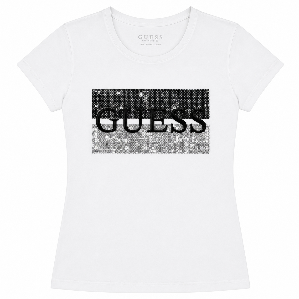 Polera Guess Blanca Polera Blanca Con Logo Central De Lentejuelas - Imagen 1