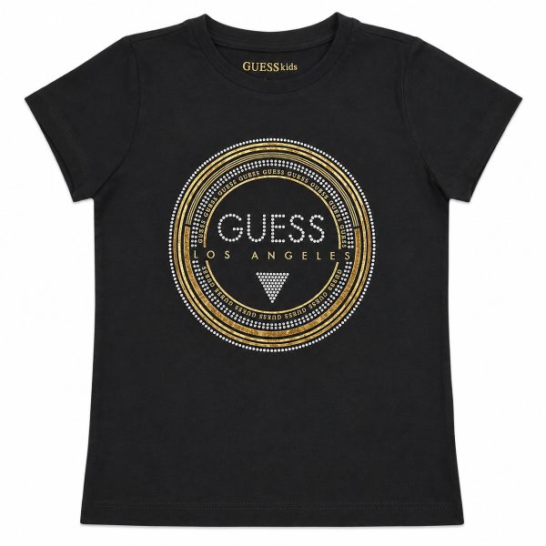 Polera Negra Con Logo De Brillos Plateados Y Detalles Dorados