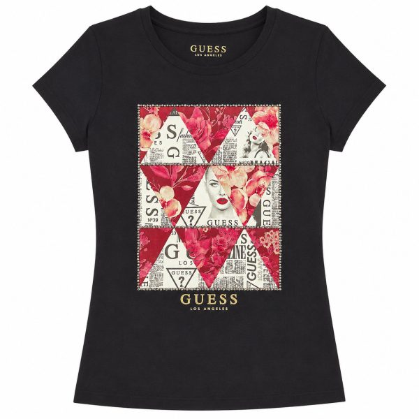 Polera Negra Con Estampado Grande Y Brillos