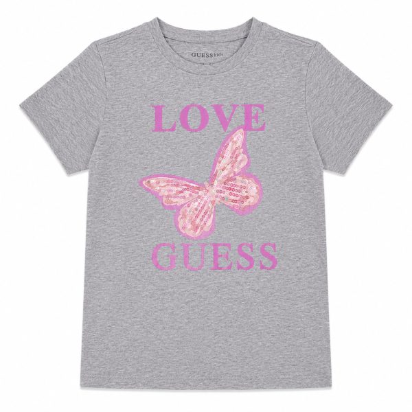 Polera Gris Love Con Mariposa Rosa
