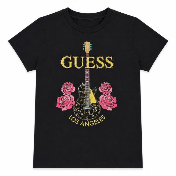 Polera Negra Con Guitarra Y Flores De Brillos