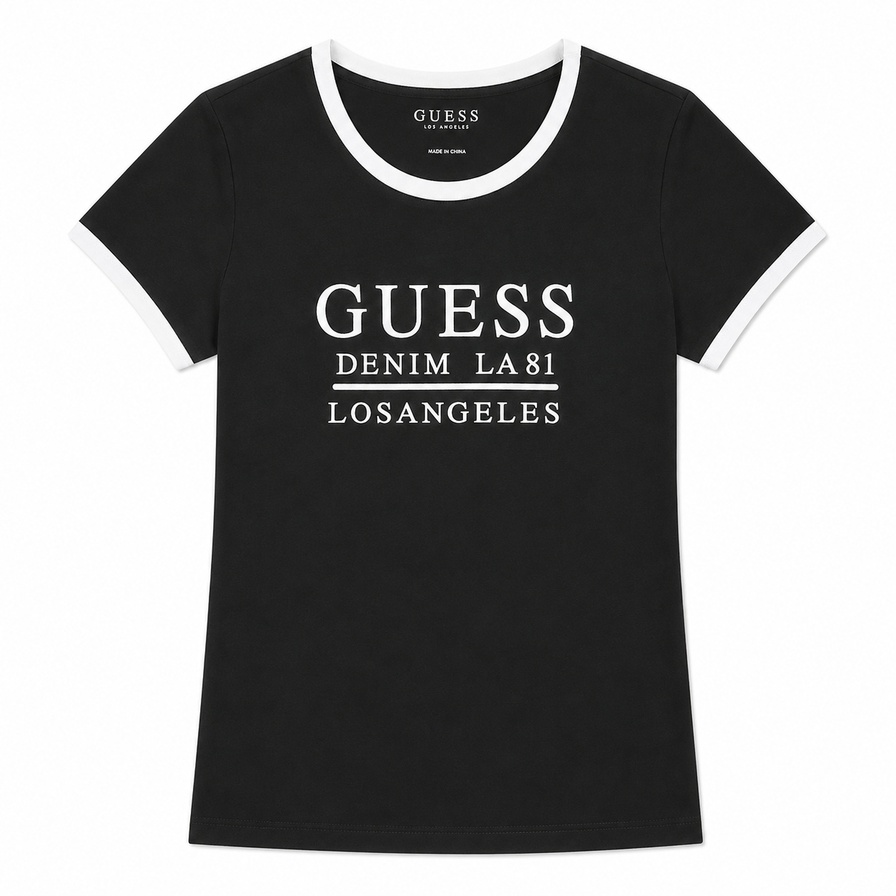 Polera Guess Letras Bordadas Polera Negra Con Detalles Blancos Y Logo Bordado - Imagen 1