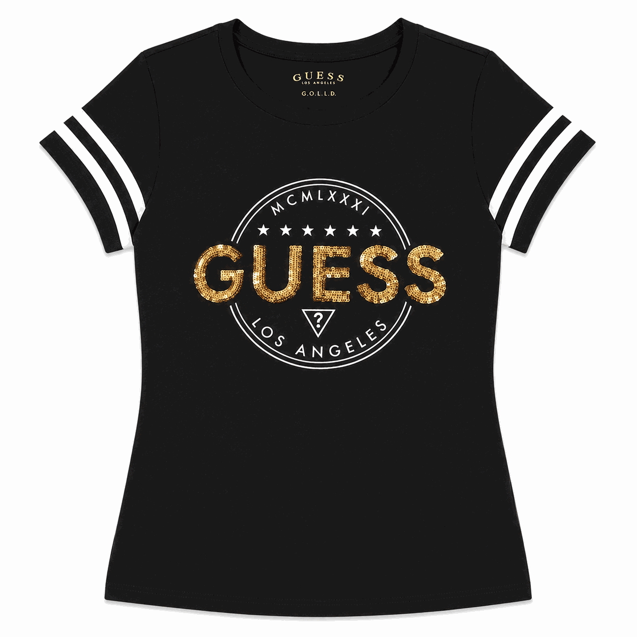 Polera Guess Negra Con Dorado Lentejuelas Polera Negra Con Detalles En Blanco-Dorado - Imagen 1