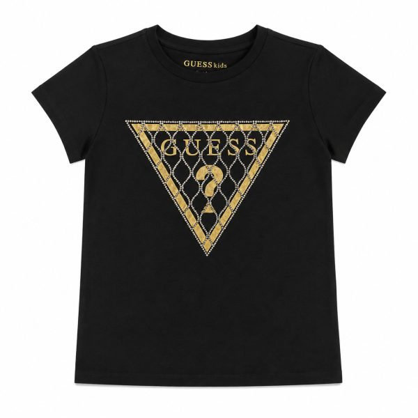 Polera Negra Con Logo Frontal Dorado-Plateado De Brillos