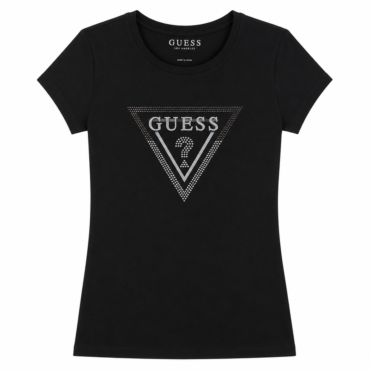 Polera Guess negra con logo triangulo BRIL Polera Negra Con Logo Triangulo En Brillos Negros Y Blancos - Imagen 1