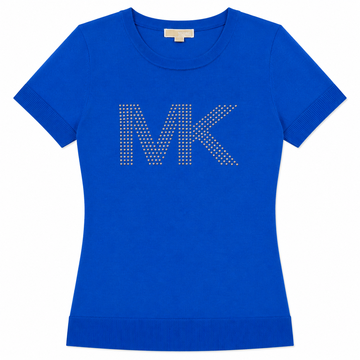 Polera MK Azul con brillos Polera Azul Rey De Hilo Con Logo En Micro-Tachuelas Metálicas Doradas - Imagen 1