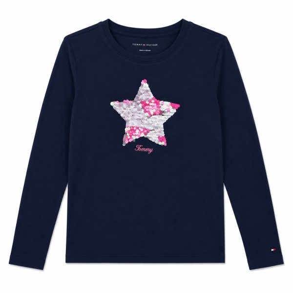Polera Manga Larga Azul Marino Con Estrella de Lentejuela Reversible
