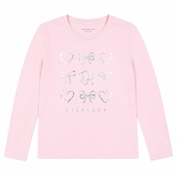 Polera Manga Larga Rosada Con Corazones Y Lazos Plateados