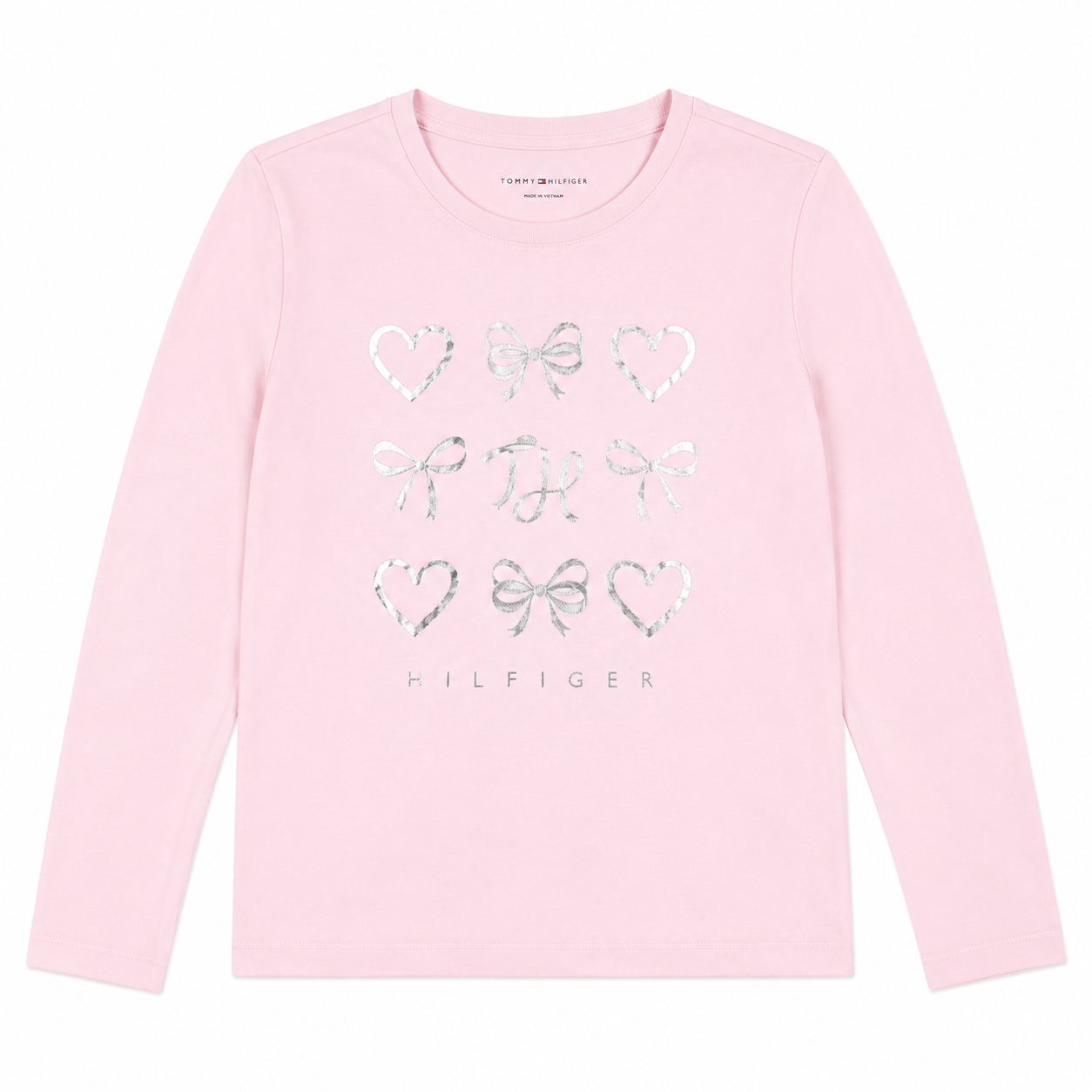 Polera Manga Larga Tommy Hilfiger Rosada Polera Manga Larga Rosada Con Corazones Y Lazos Plateados - Imagen 1