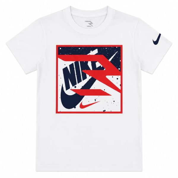 Polera Blanca Con Cuadro Frontal Rojo Y Azul