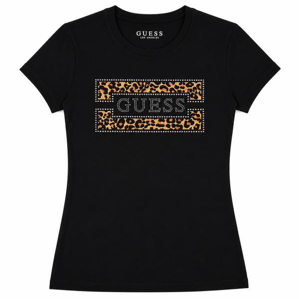 Polera Negra Con Logo En Animal Print Y Brillos