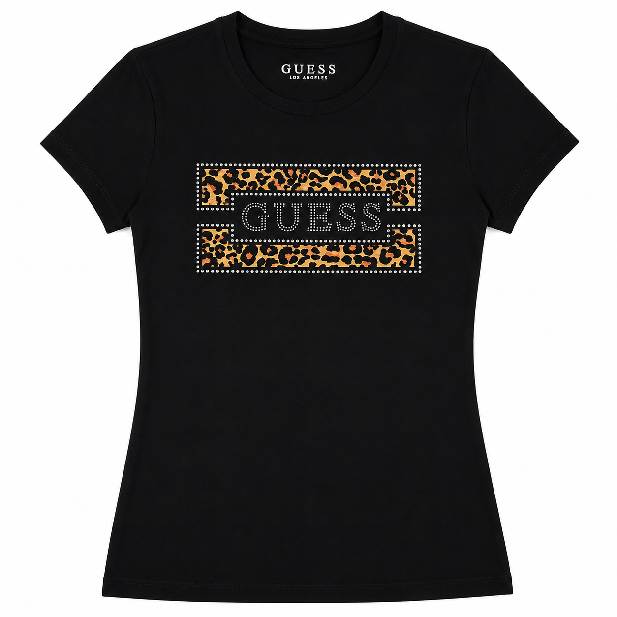 Polera guess con logo brillos y animal print Polera Negra Con Logo En Animal Print Y Brillos - Imagen 1