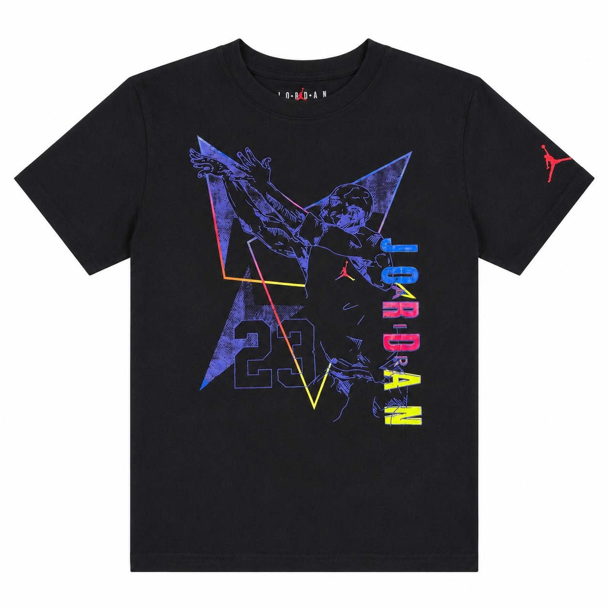 Polera negra Jordan Con logo azul y colores Polera Negra Con Logo De Estrella Y Letras De Colores Neon - Imagen 1