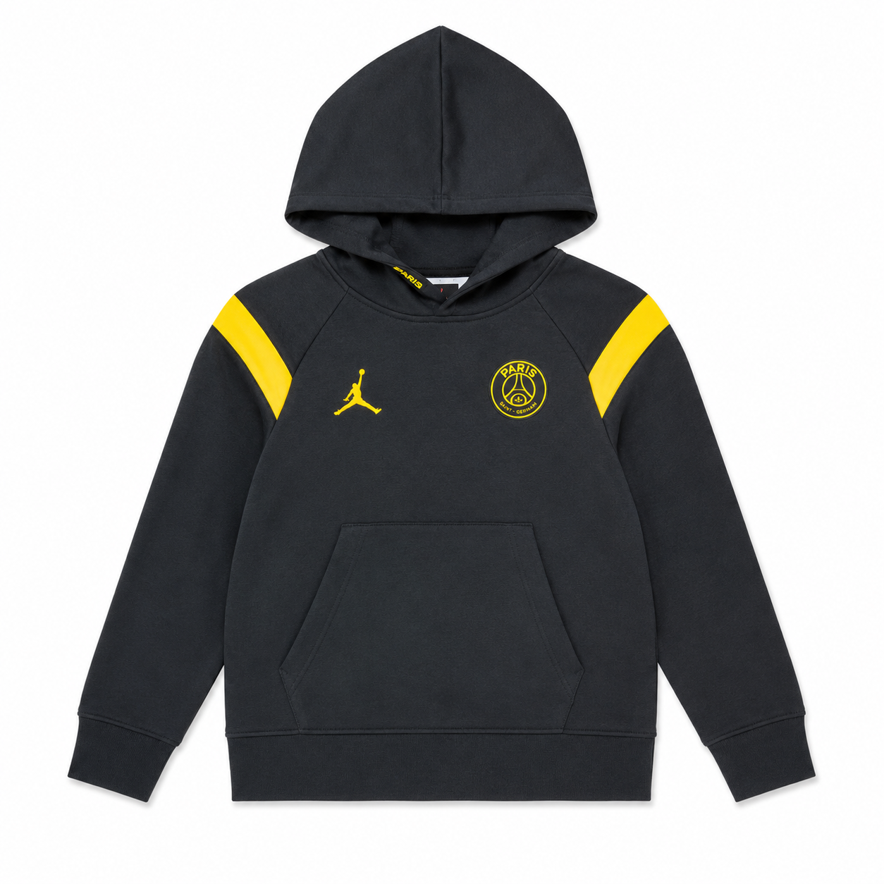 Poleron Jordan Negro Con Amarillo Polerón Tipo Canguro Con Logo Trasero Y Detalles Amarillo - Imagen 1