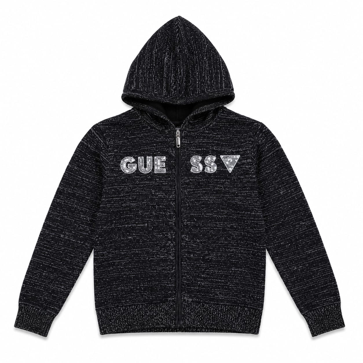 Poleron negro Jaspeado Guess Con BRILLOS Poleron Negro Jaspado Con Capucha Y Logo En Lentejuelas - Imagen 1