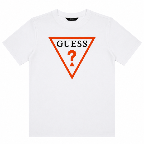 Polera Blanca Con Logo Triangulo Naranjo Intenso Y Letras Negras